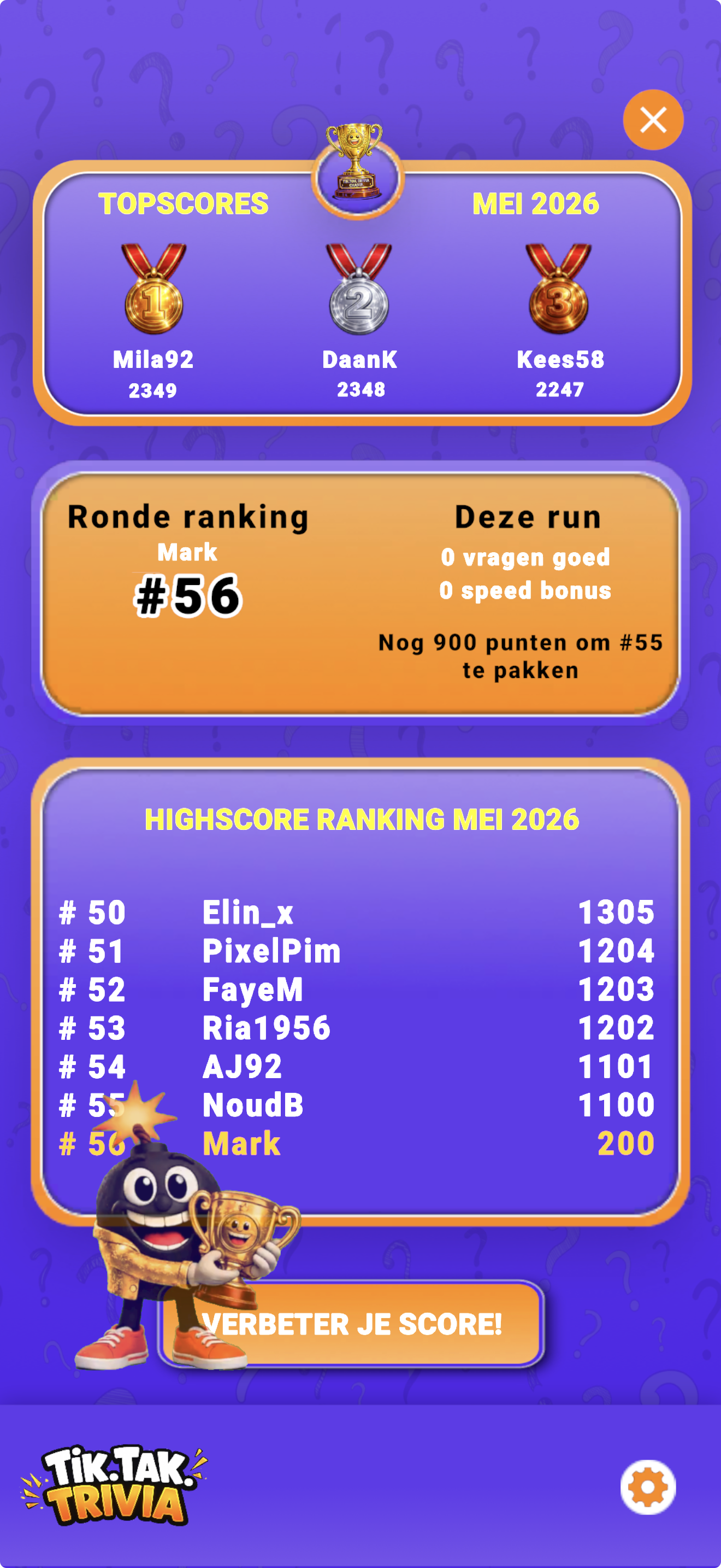 Topscore ranking in TikTakTrivia