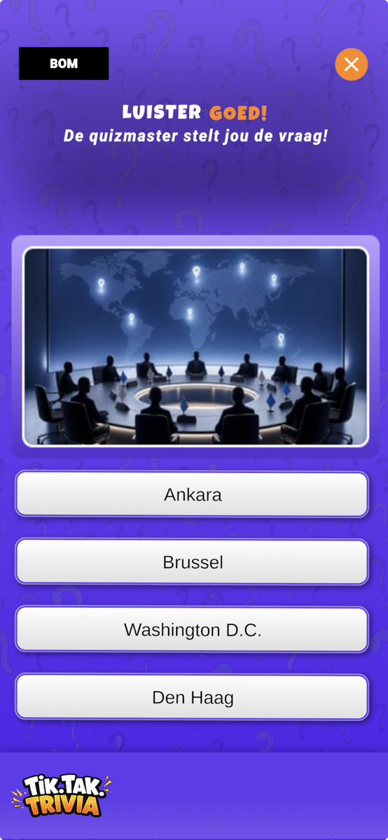 TikTakTrivia scherm met antwoordkeuzes