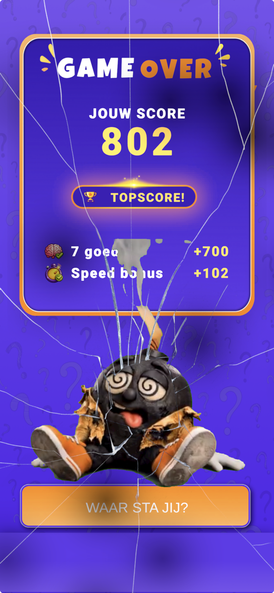 TikTakTrivia game-over scherm met een topscore van 802
